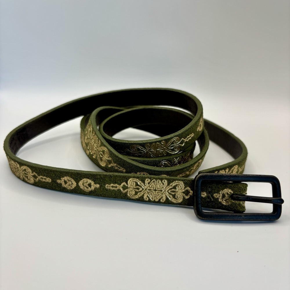 Vtg Y2K Gap Leather Belt Green Suede Gold Women L Skinny Boho Fairy Western USA